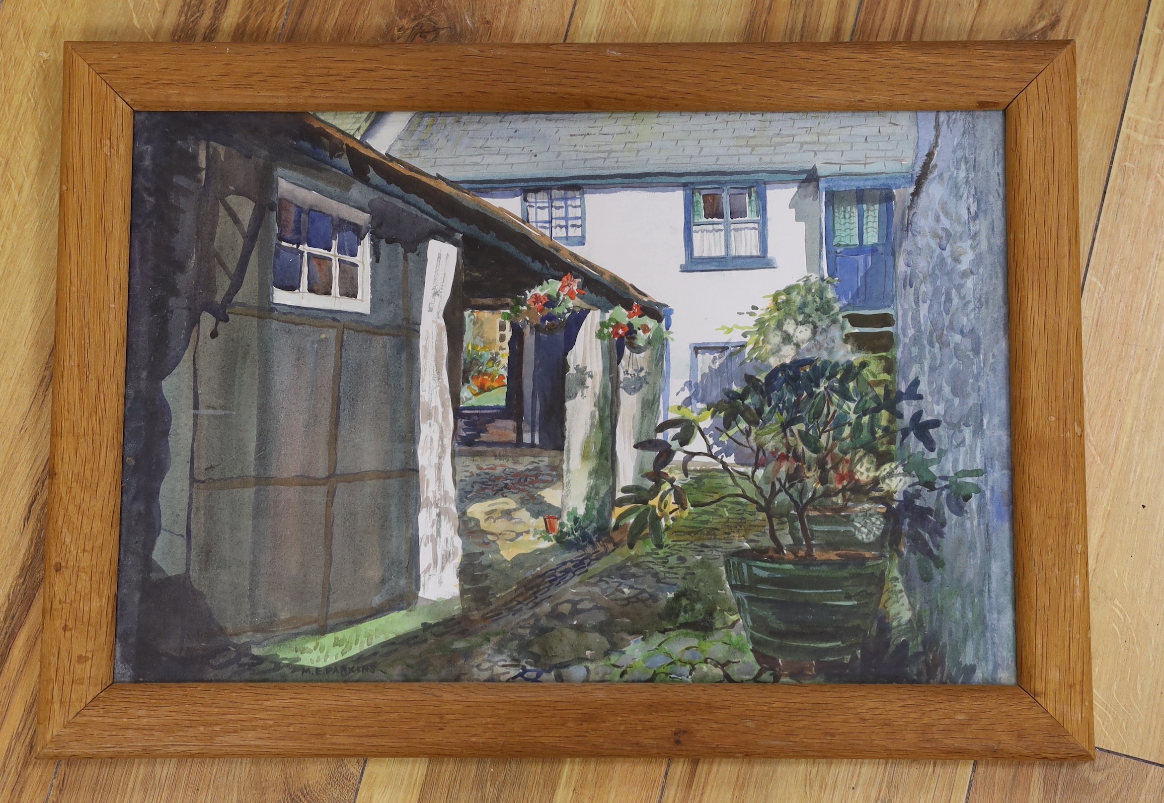 M. E. Parkins, watercolour, 'The Artist's Quarters ...', signed, 32 x 48cm